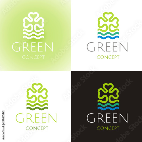 Ecological symbol logo set with clover leaf, water wave. Ecology nature concept. For gardening, environment design. Flat silhouette vector icon isolated on white black background. Vector illustration.