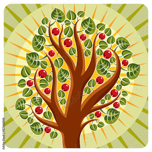 Tree with ripe apples placed on stylized background, harvest season theme illustration. Fruitfulness and fertility idea symbolic image.