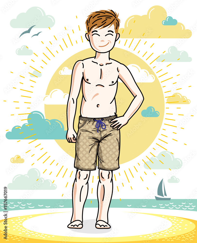 Cute little boy child standing wearing fashionable beach shorts. Vector attractive kid illustration. Childhood lifestyle clip art.