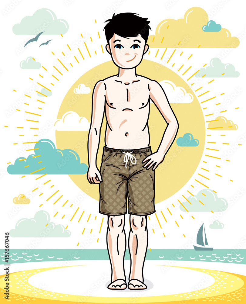 Cute happy young teen boy posing in colorful stylish beach shorts. Vector human illustration. Fashion and lifestyle theme cartoon.