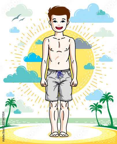 Cute little teen boy standing wearing fashionable beach shorts. Vector character. Fashion theme clipart.