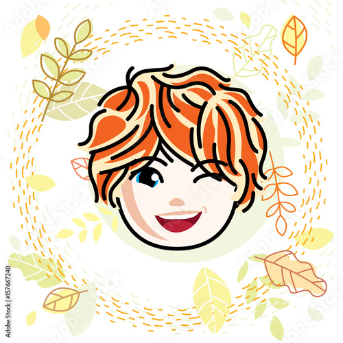 Vector illustration of beautiful red-haired happy girl face  positive face features  teenager winking. Autumn theme clipart.