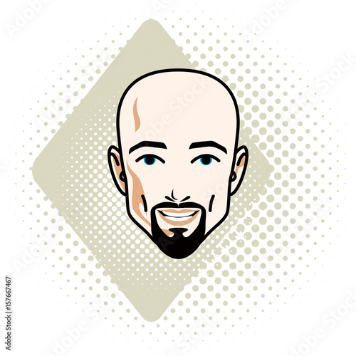 Man face, human head. Vector character wearing whiskers and beard, handsome bald male.