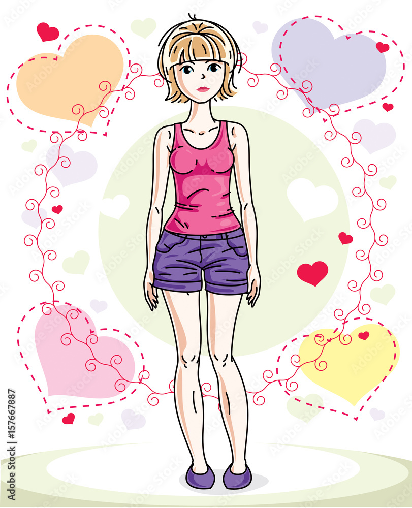 Attractive young blonde woman adult standing on colorful backdrop with Valentine romantic hearts in casual clothes. Vector human illustration. Attractive young blonde woman adult standing on colorful backdrop with Valentine romantic hearts in casual clothes. Vector human illustration.