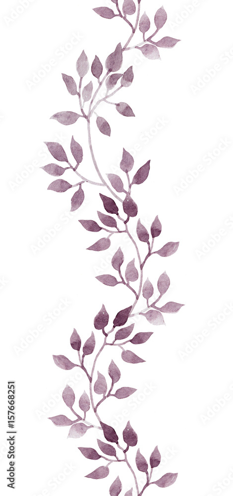 Seamless strip border - hand painted watercolor leaves. Repeated pattern