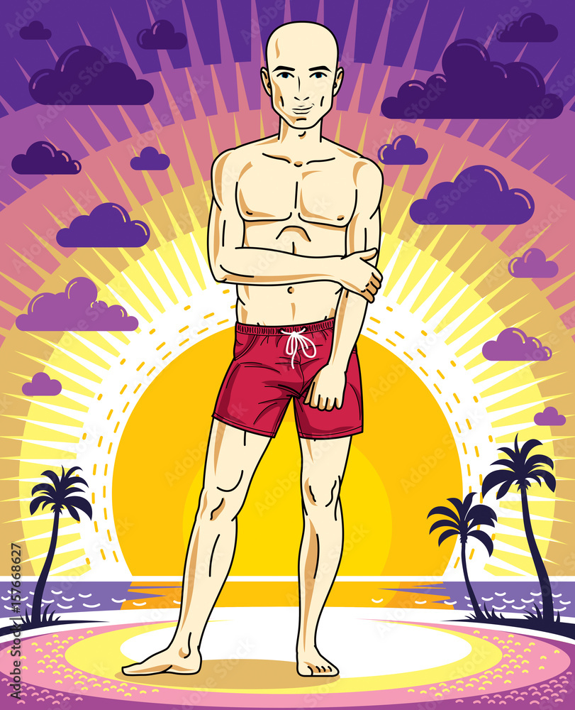 Handsome bald man is standing on sunset landscape with palms and wearing beachwear shorts. Vector human illustration. Summer vacation theme.