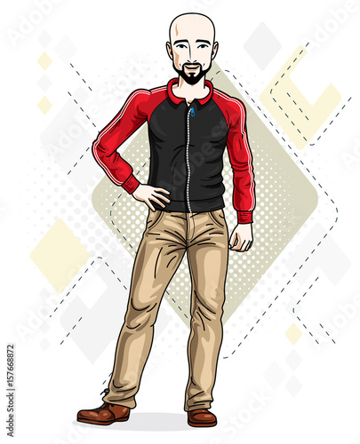 Handsome hairless young man poses on modern background. Vector illustration of male with beard and mustaches. Lifestyle theme clipart.