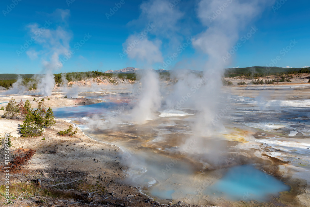 Fantastic view of Norris Geyser Basin in morning light, Yellowstone, Wyoming. Fantastic view of Norris Geyser Basin in morning light, Yellowstone, Wyoming.