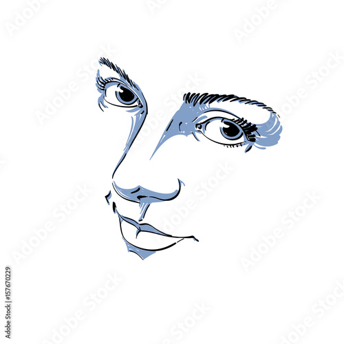 Monochrome silhouette of melancholic  attractive lady, face features. Hand-drawn vector illustration of woman visage, outline. Emotions theme illustration. Attractive model.