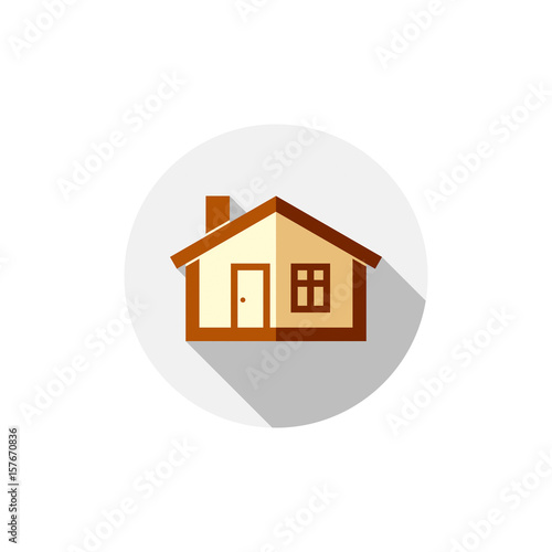 Property symbol, vector house constructed with bricks. Real estate agency theme. Round sign with home illustration.