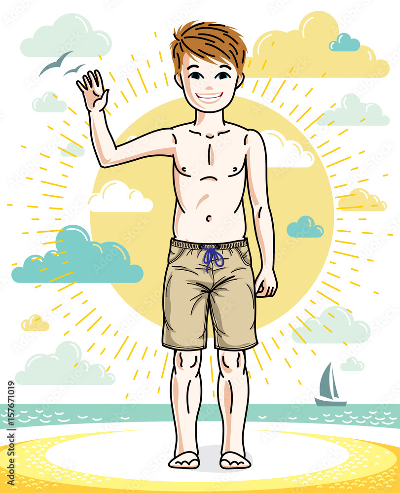 Pretty child boy standing in colorful stylish beach shorts. Vector human illustration. Childhood lifestyle clip art.