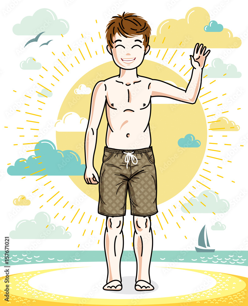 Pretty child boy standing in colorful stylish beach shorts. Vector human illustration. Fashion and lifestyle theme cartoon.