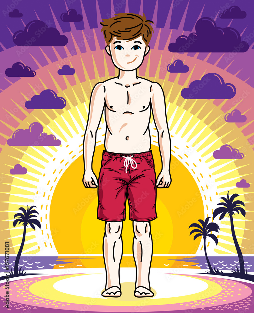 Pretty child boy standing wearing fashionable beach shorts. Vector pretty nice human illustration. Fashion and lifestyle theme cartoon.