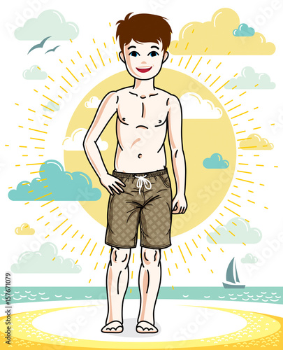 Pretty child boy standing in colorful stylish beach shorts. Vector character. Childhood lifestyle clipart.
