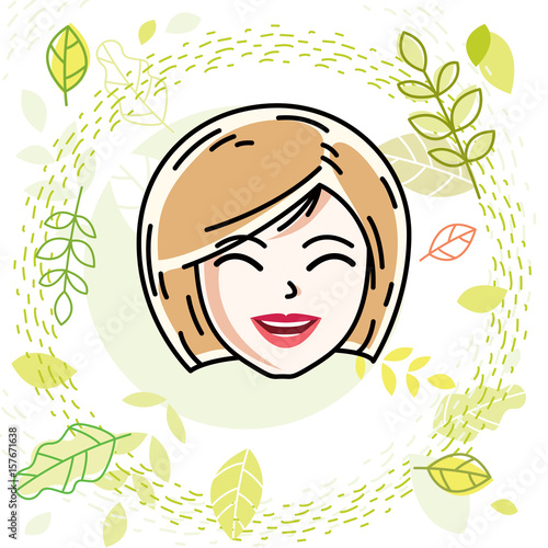Vector illustration of beautiful blonde female face  positive face features  spring theme clipart.