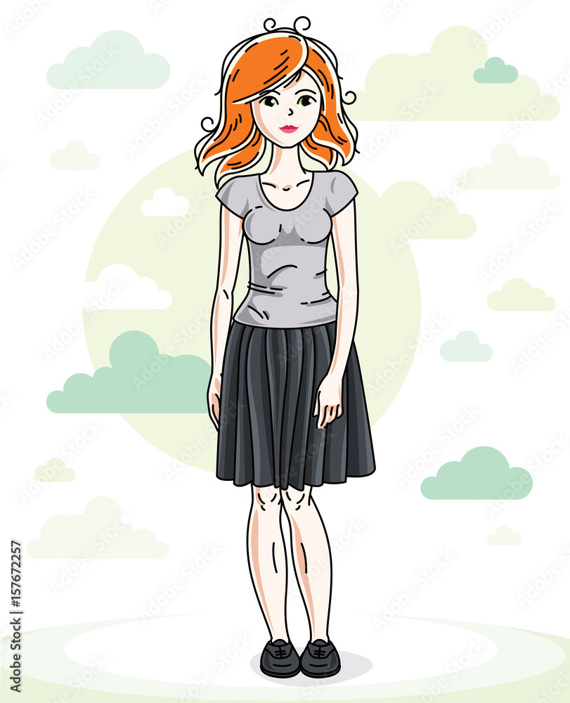 Beautiful young redhead woman posing on background with blue heavens clouds and wearing fashionable casual clothes. Vector attractive female illustration. Lifestyle theme cartoon. Beautiful young redhead woman posing on background with blue heavens clouds and wearing fashionable casual clothes. Vector attractive female illustration. Lifestyle theme cartoon.