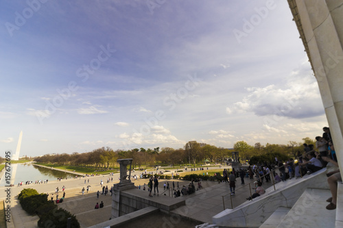 Artistic view looking out onto the National Mall in Washington including the ceremonial approach of the Lincoln Memorial