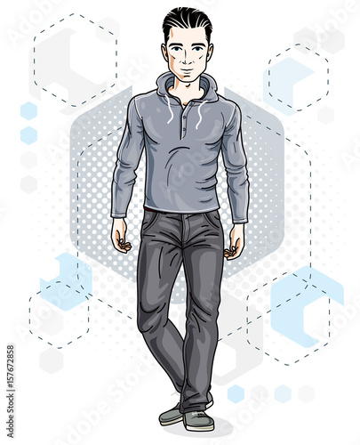 Handsome brunet young man standing. Vector illustration of man wearing stylish casual clothes.
