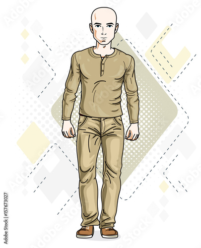 Handsome hairless young man poses on modern background. Vector illustration of male wearing jeans and sweatshirt. Lifestyle theme clipart.