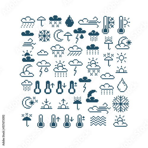 Set of vector meteorology retro signs made in pixel art style. Climate conditions theme geometric pixilated symbols.