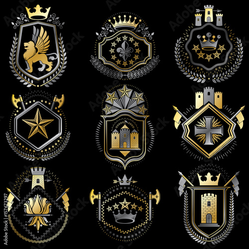 Set of luxury heraldic vector templates. Collection of vector symbolic blazons made using graphic elements, royal crowns, medieval castles, armory and religious crosses.