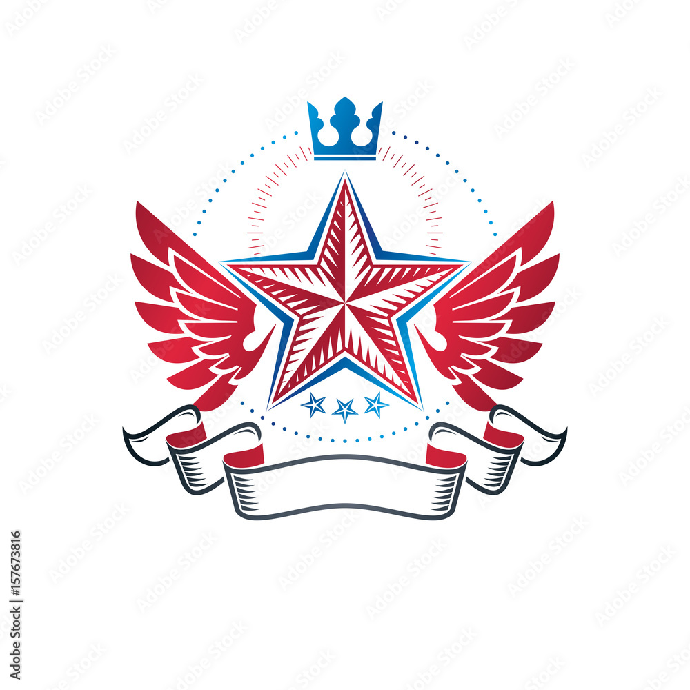Naklejka premium Winged military Star emblem created with imperial crown and luxury ribbon, victory award symbol. Heraldic Coat of Arms decorative logo isolated vector illustration.