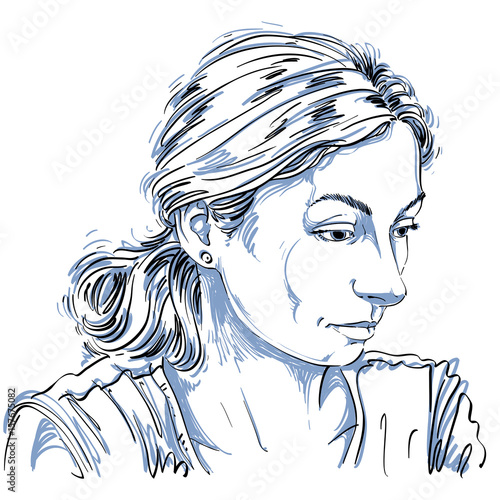 Monochrome vector hand-drawn image, sad or depressed young woman. Black and white illustration of melancholic girl, face expressions.