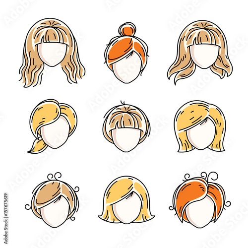 Collection of women faces, human heads. Diverse vector characters like red-haired and blonde females, beautiful ladies visage clipart and user profile.