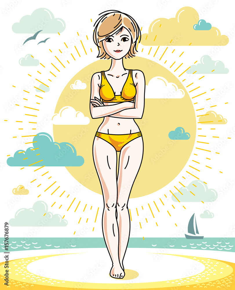 Happy young blonde woman posing on tropical beach and wearing swimsuit. Vector attractive female illustration. Summer vacation lifestyle theme cartoon.