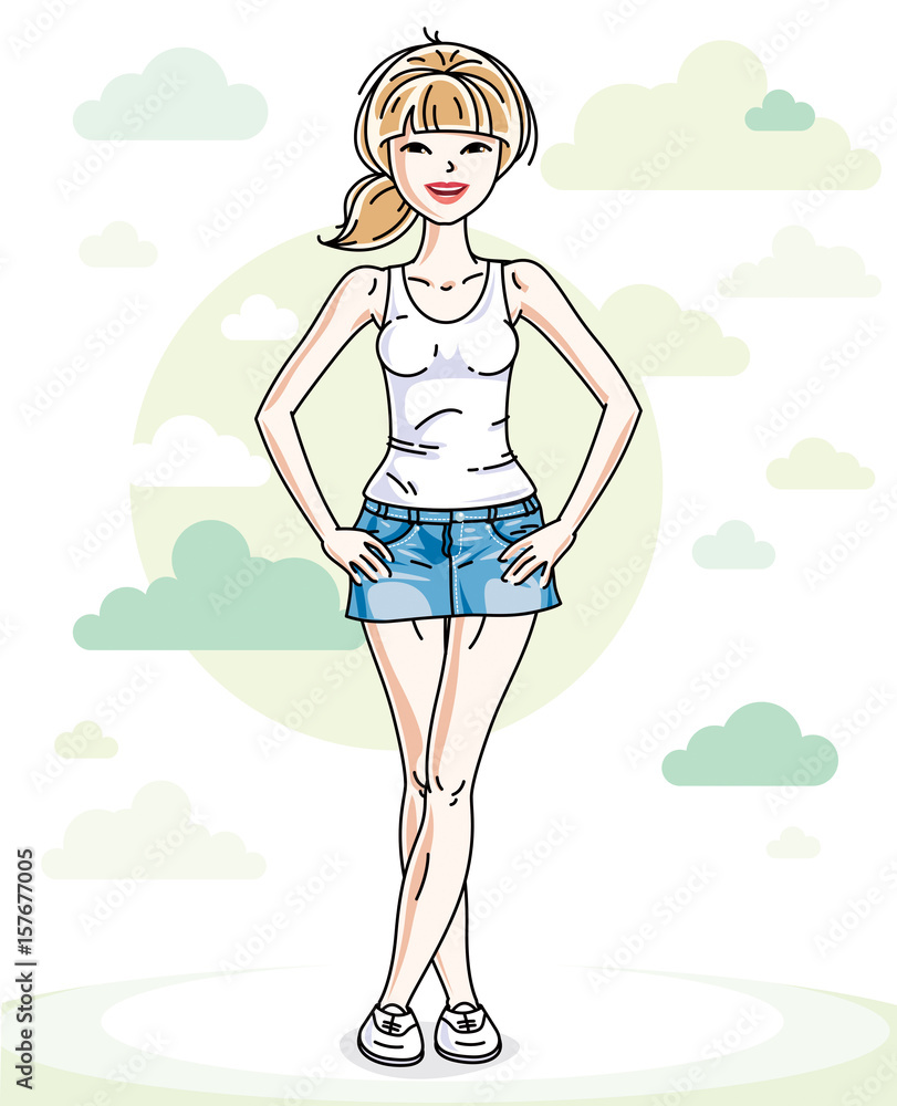 Beautiful young blonde woman standing on background with blue heavens clouds and wearing fashionable casual clothes. Vector human illustration. Beautiful young blonde woman standing on background with blue heavens clouds and wearing fashionable casual clothes. Vector human illustration.