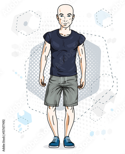Handsome hairless young man standing. Vector illustration of man wearing stylish casual clothes.