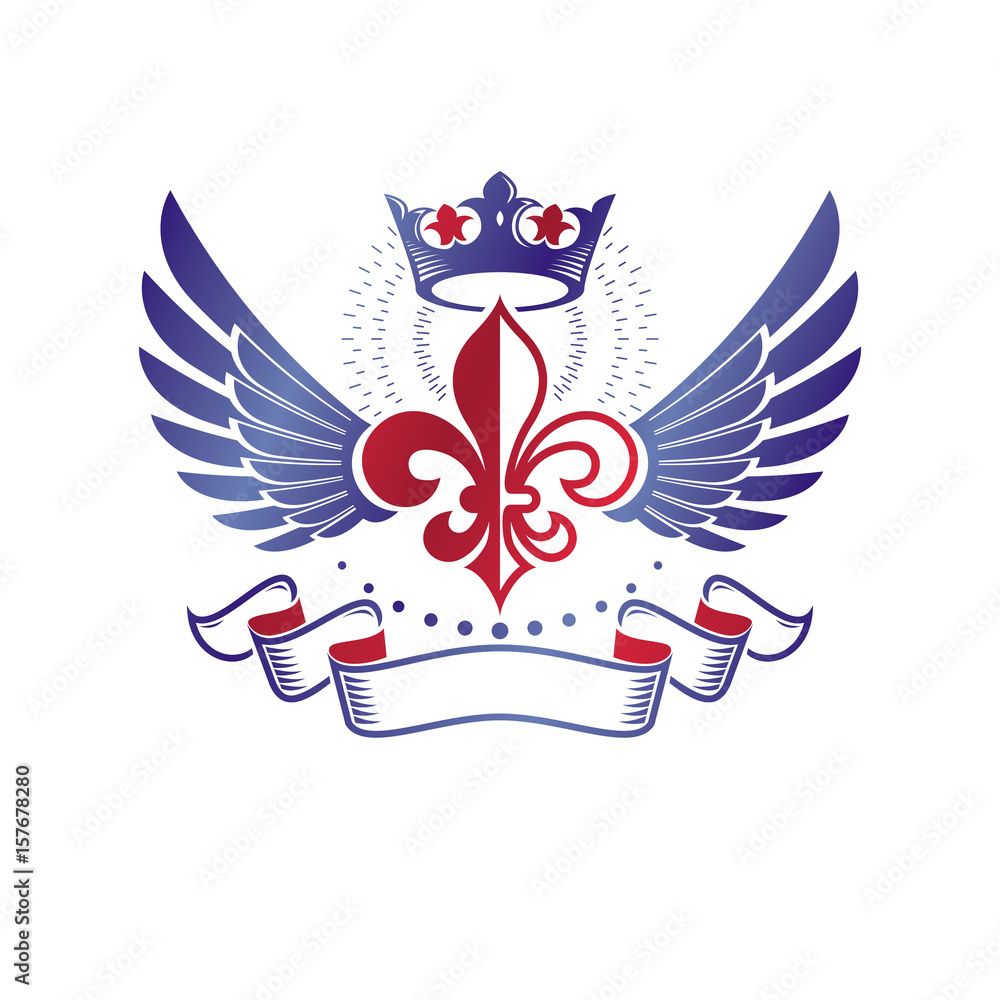 Obraz premium Victorian emblem composed using lily flower and monarch crown. Royal quality award vector design element, business label.