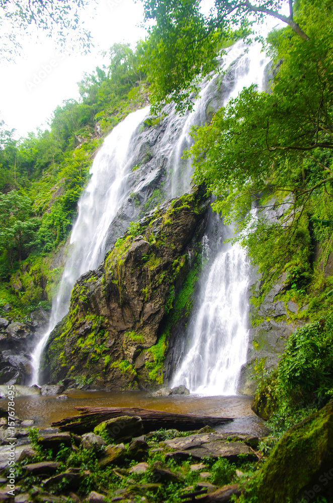 KHLONG LAN, THAILAND - August, 2016:  Jungle landscape with flowing water of Khlong Lan waterfall in Kamphaeng Phet province at deep tropical rain forest. Khlong Lan National Park, Thailand
