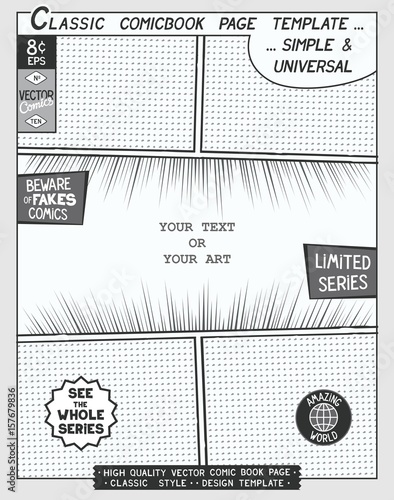 Free space Comic book page template. Comics layout and action with speed lines,
 halftone background and other elements.