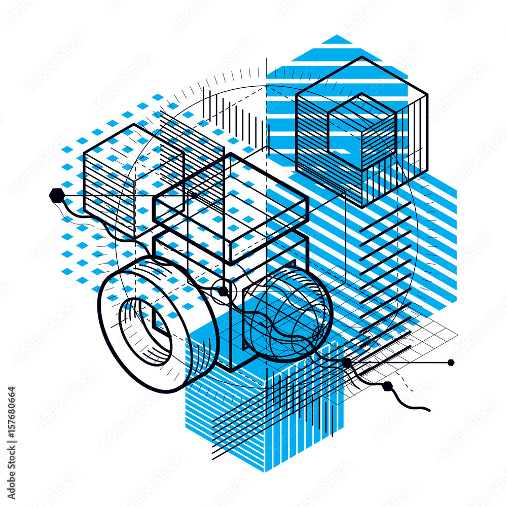 Isometric abstraction with lines and different elements, vector abstract background. Composition of cubes, hexagons, squares, rectangles and different abstract elements.