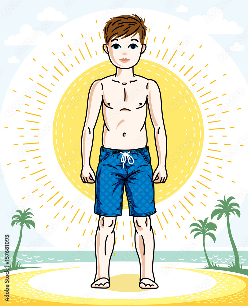 Young teen boy cute nice standing in colorful stylish beach shorts. Vector attractive kid illustration. Fashion theme clipart.