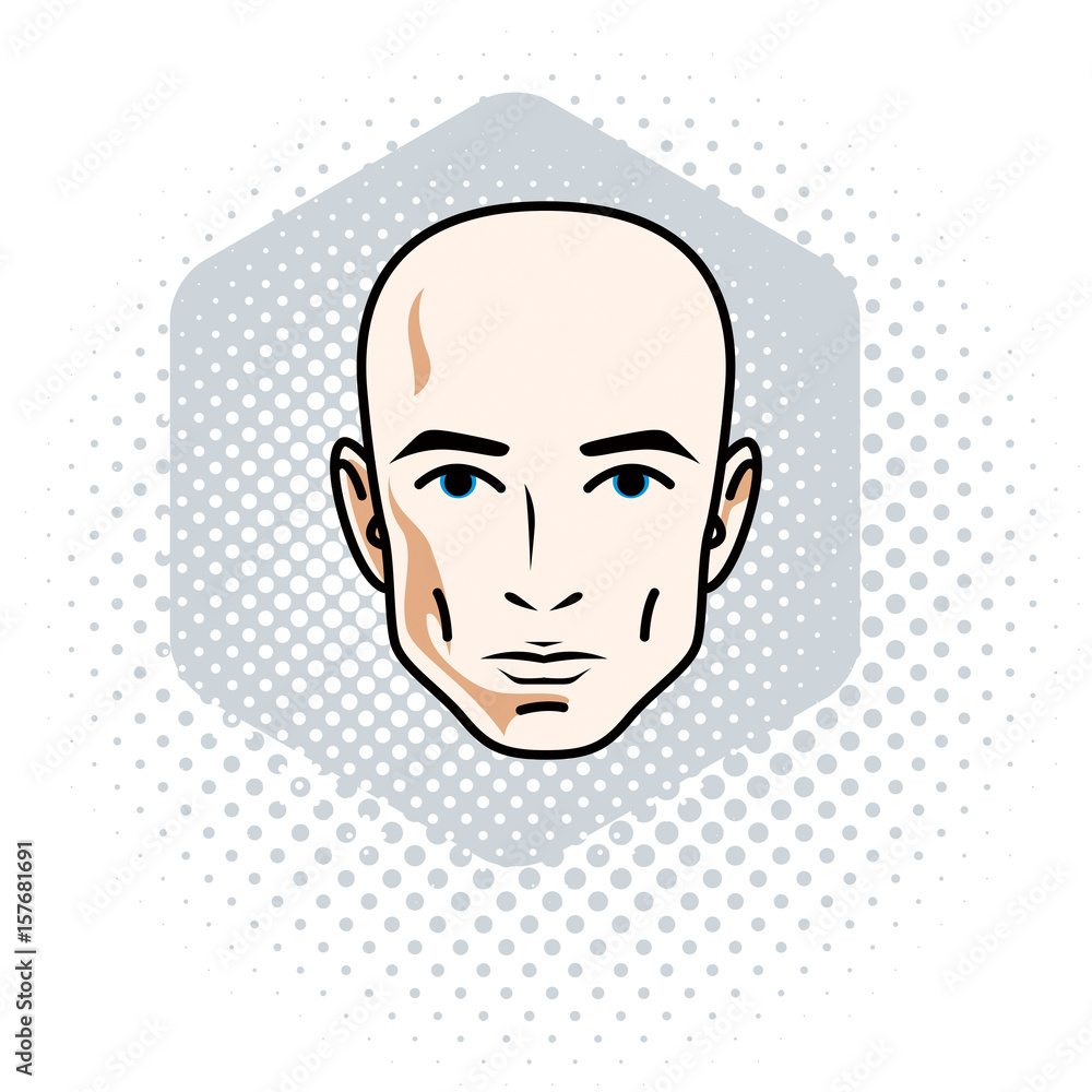 Man face, human head. Vector character, handsome bald male. Man face, human head. Vector character, handsome bald male.