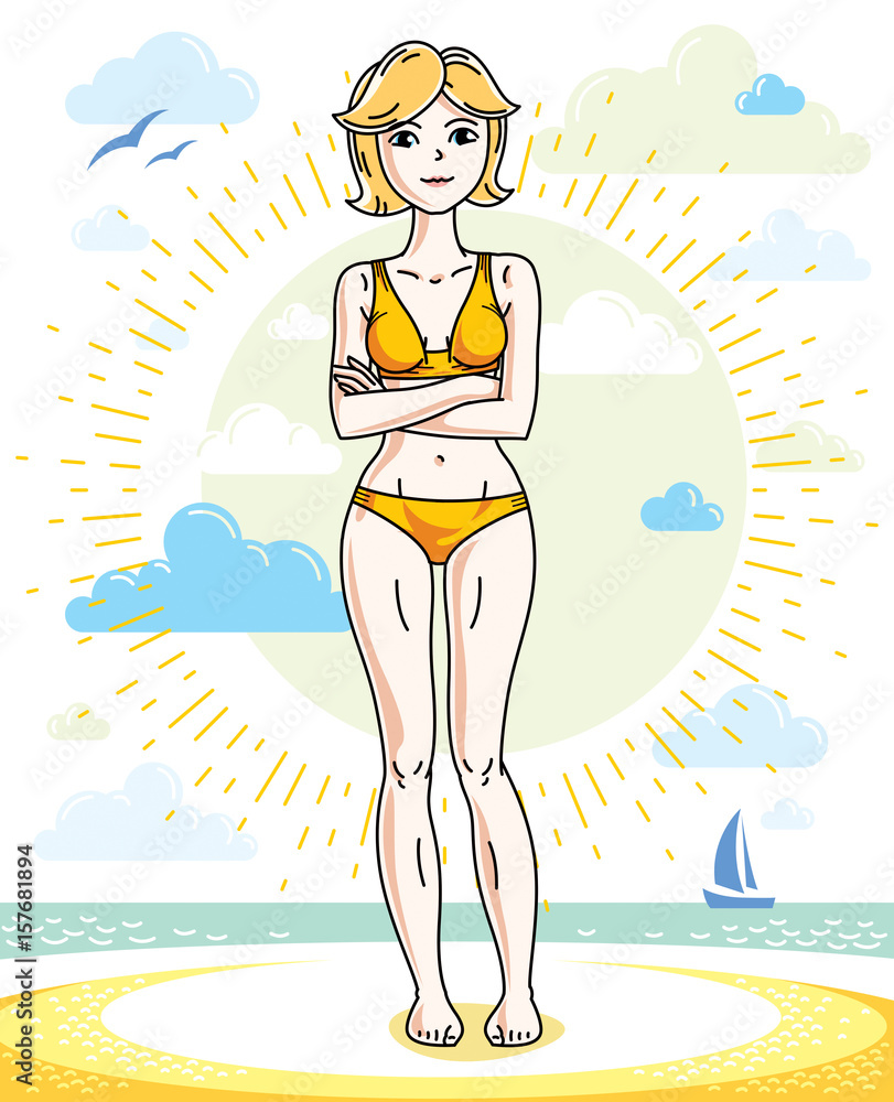 Attractive young blonde woman standing on tropical beach and wearing bathing suit. Vector human illustration. Summer vacation theme.