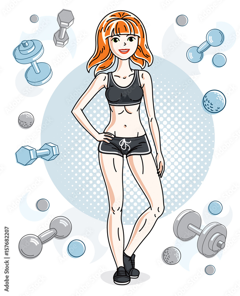 Young beautiful redhead athletic woman posing on simple background with dumbbells and barbells. Vector illustration of attractive female. Active and healthy lifestyle theme cartoon. Young beautiful redhead athletic woman posing on simple background with dumbbells and barbells. Vector illustration of attractive female. Active and healthy lifestyle theme cartoon.