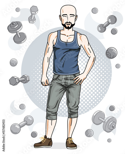 Handsome bald young man with beard and mustaches is standing on simple background with dumbbells and barbells. Vector illustration of sportsman.  Active and healthy lifestyle theme cartoon.