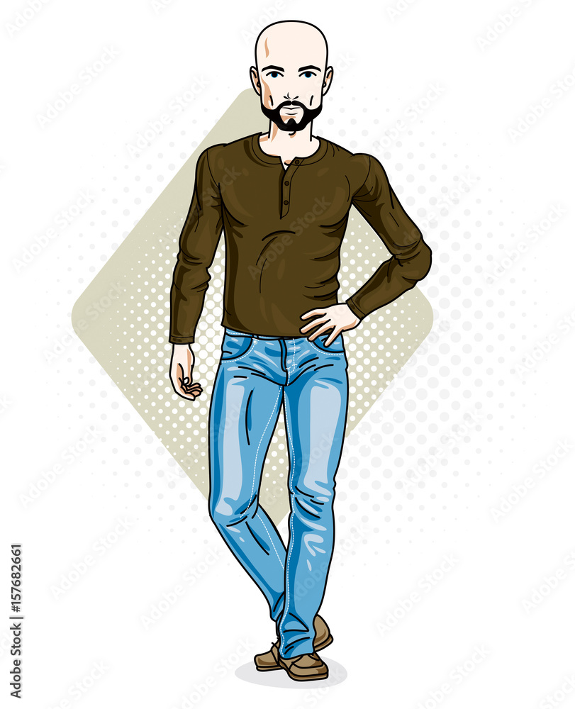Handsome hairless young man poses on modern background. Vector illustration of male with beard and mustaches. Lifestyle theme clipart. Handsome hairless young man poses on modern background. Vector illustration of male with beard and mustaches. Lifestyle theme clipart.