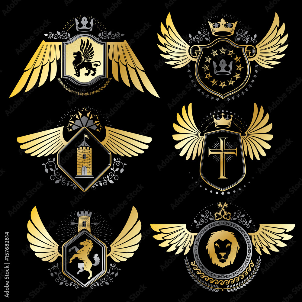 Collection of vector heraldic decorative coat of arms isolated on white and created using vintage design elements, monarch crowns, pentagonal stars, armory, wild animals. Collection of vector heraldic decorative coat of arms isolated on white and created using vintage design elements, monarch crowns, pentagonal stars, armory, wild animals.