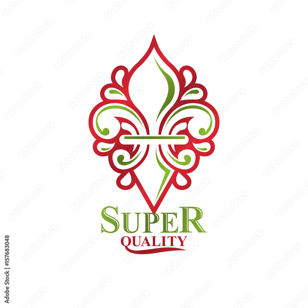 Vintage heraldic vector logotype made using lily flower royal symbol with beautiful blossom. Eco friendly product symbol, king quality theme illustration.