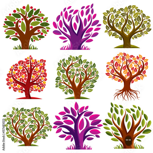 Vector stylized nature symbols, art fruity trees collection. Gardening idea design elements, fruitfulness theme. Two eyes of an animal looking from hollow, graphic design ecology symbol.