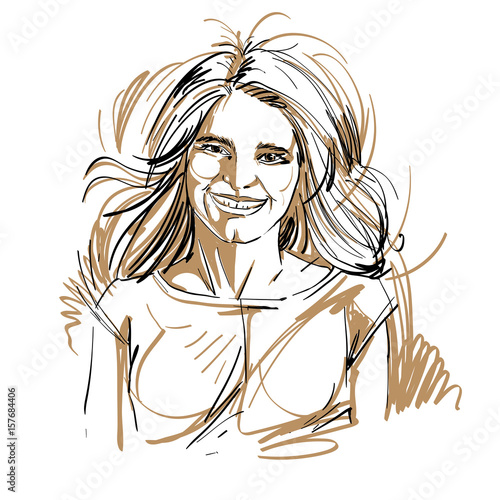 Hand-drawn portrait of white-skin smiling glad woman with long wavy hair, face emotions theme illustration. Beautiful lady posing on white background.