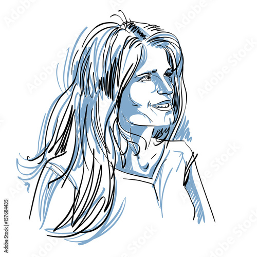 Graphic vector hand-drawn illustration of white skin attractive romantic lady with stylish haircut. People face expressions, tenderness theme.