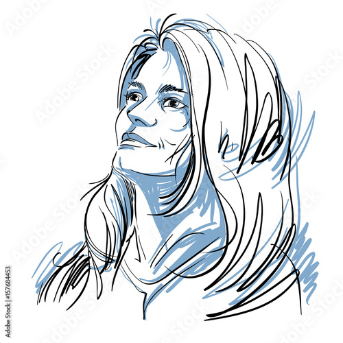 Vector art drawing, portrait of gorgeous romantic girl isolated on white. Facial expressions, people positive emotions.