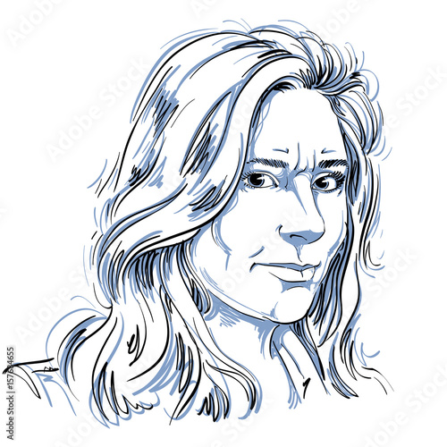Vector portrait of irate woman, illustration of good-looking but angry female. Person emotional face expression.