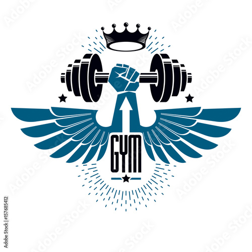 Logotype for heavyweight gym or fitness sport gymnasium, winged retro stylized vector emblem or badge With barbell and strong hand fist.