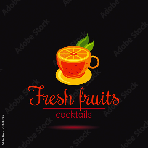 Fresh fruit drink bar logo vector icon. Flat juice elegant symbol. Modern tropical cocktail sign. Isloted on black. Banner placard template. Summer food drink concept, orange citrus smoothie emblem photo